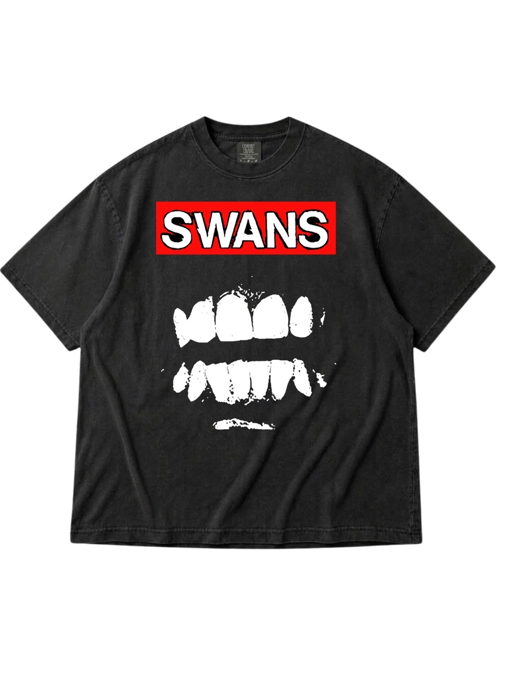 Comfort Colors Black Tee with Red 'SWANS' Box and White Teeth Graphic